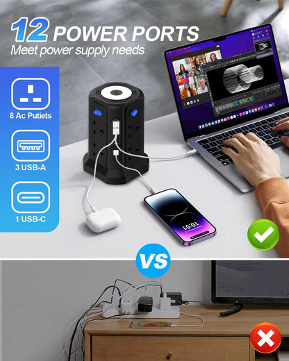 Tower Extension Lead 3M with USB Slots, (13A 3250W) PD 20W Fast Charger & Night Light, 4 USB Ports & 8 Way Surge Protected Extension Lead with 4 Independent Switch, Extension Cable for Home Office