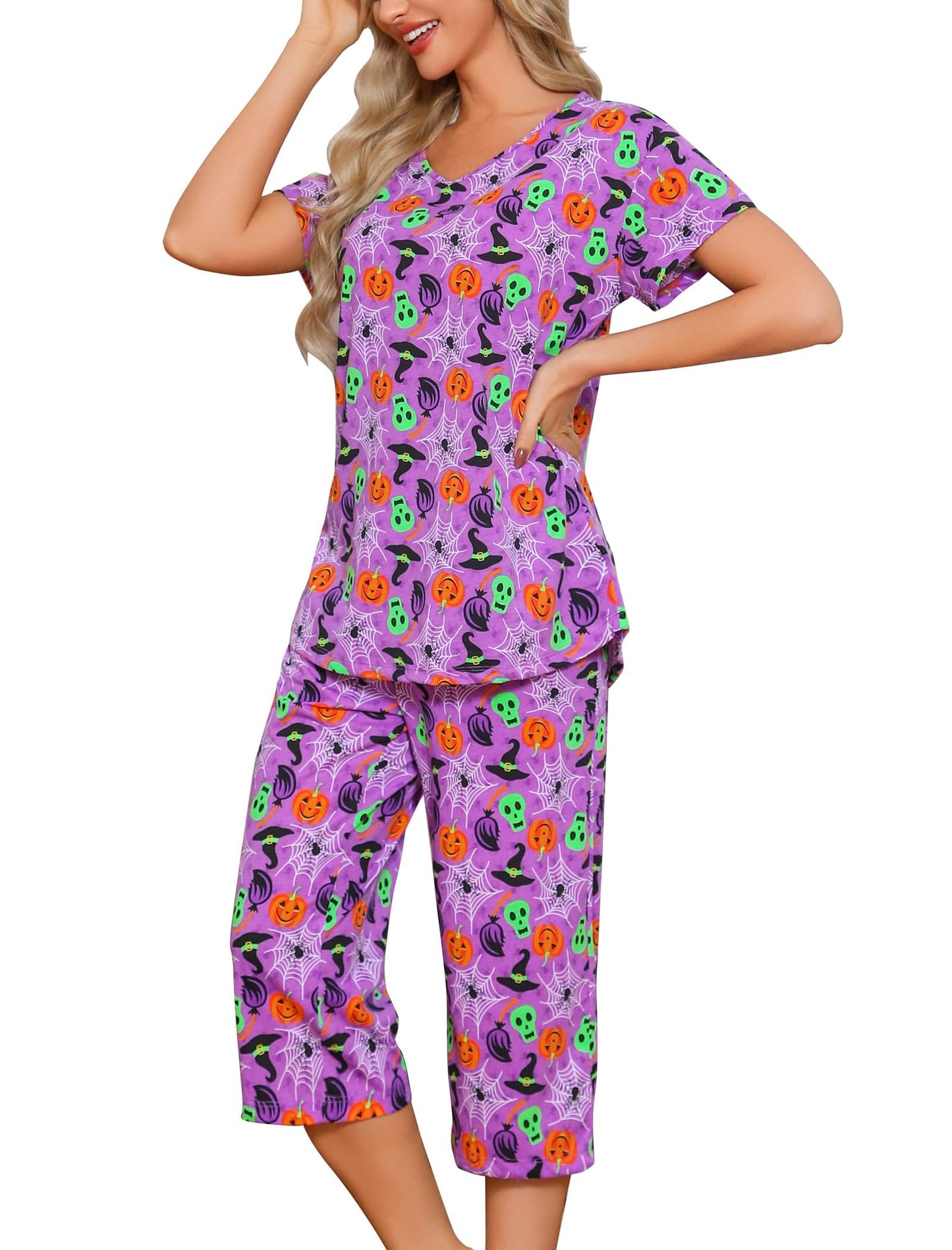 ENJOYNIGHT Womens Pajama Sets Cotton Summer Pjs Tops with Capri Pants Sleepwear (PU-Spider, XX-Large)