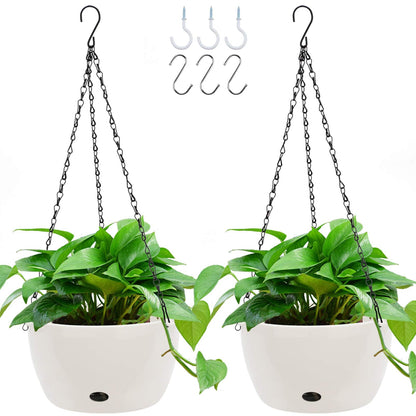 GROWNEER 2 Packs 9.4 Inches Plastic Hanging Planter Self Watering Basket with 6 Pcs Hooks, Hanging Flower Pot with Detachable Base for Garden Indoor Outdoor Home Decoration (White-9.4inch)