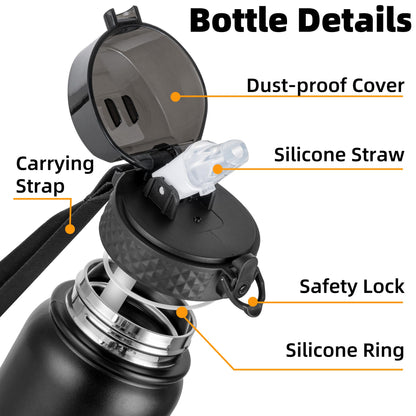 OLDLEY Stainless Steel Water Bottle with Straw 1L Vaccum Insulated Large Drink Flask Metal Water Bottles 1 Litre Leakproof Keep Drinks Hot Cold for Bike Sports Gym Adult Women Men(Black,1 Lid)