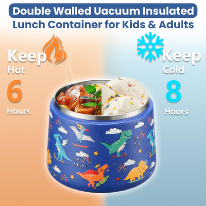 14oz Insulated Vacuum Food Jar with Buckle Lid,Soup Thermo for Hot Food Kids,Wide Mouth Leakproof Stainless Steel Lunch Container with Spoon-Dinosaur