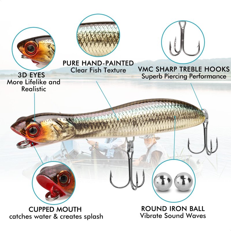 TRUSCEND Pencil Fishing Lures with VMC/BKK Hooks, Pencil Plopper, Floating Pencil Popper, Dog Walker for Freshwater and Saltwater, Long-Cast Fishing Lures or Quake Sinking Pencil Baits Teasers