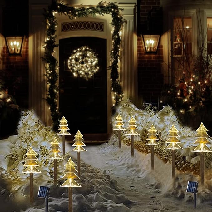Christmas Solar Pathway Lights, Solar Tree Lights with Stake Landscape Lights Outdoor Waterproof Christmas Decorative Lights for Garden Yard Lawn Patio Walkway, 10 Pack