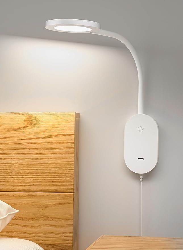deeloop Wall Mounted Reading Light,Book Lights with USB Output, Reading Lamps for Bed Headboard in 4 Hours Auto-Off, Touch Control Wall Lamp with 5 Dimmable Flexible Gooseneck Bedside Lamps White