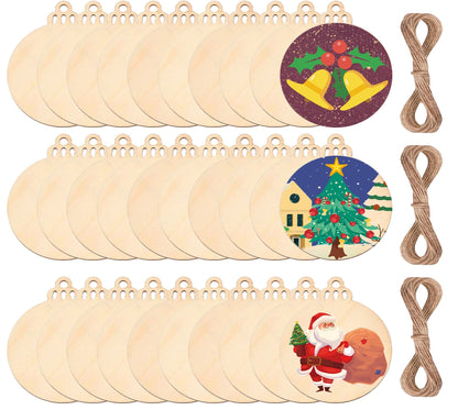 pojah 60Pcs Wood Slices,3.5" Wooden Christmas Ornaments,Unfinished Predrilled Wood Circles for Crafts Centerpieces,DIY Round Wooden Discs Hanging Decorations