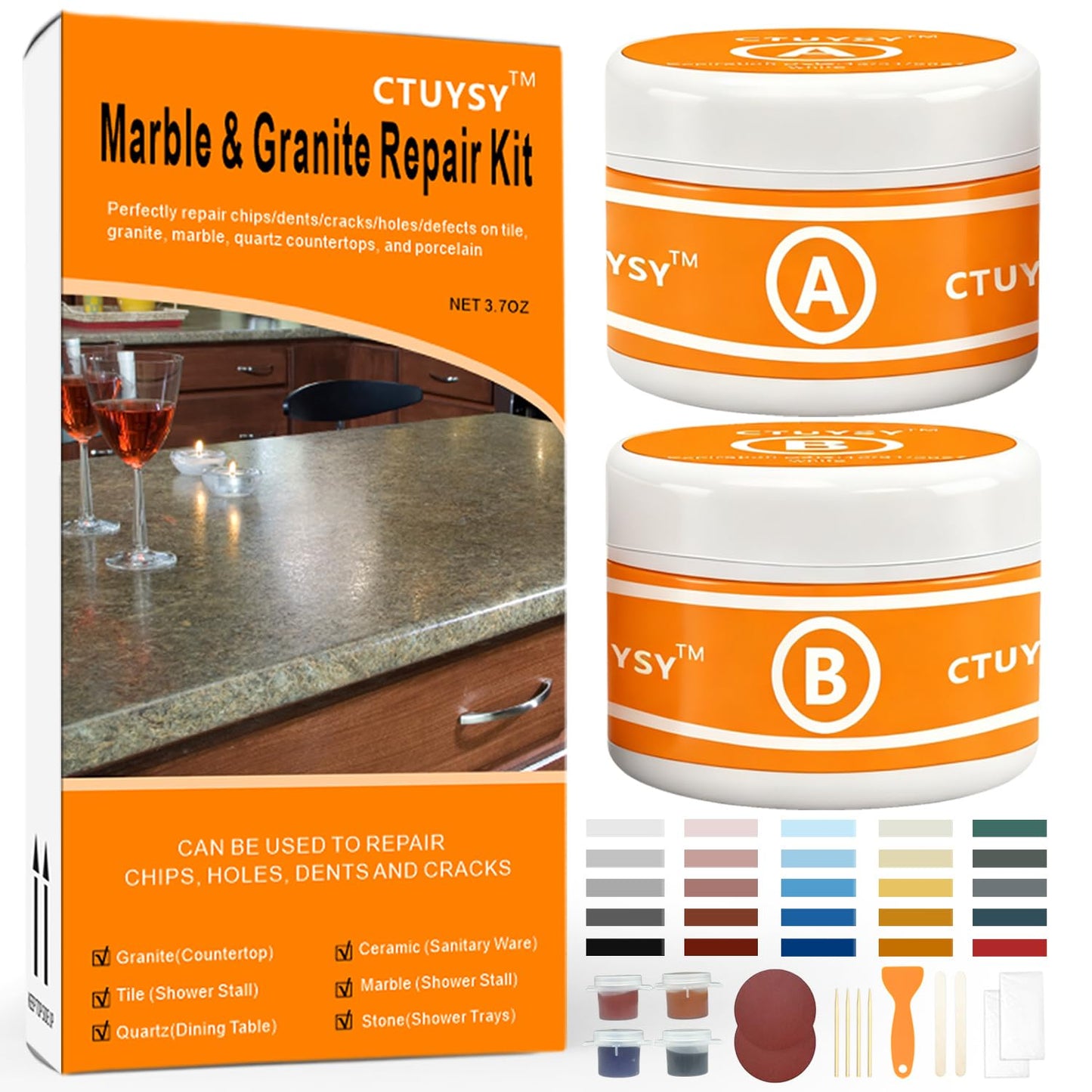 Granite and Quartz Countertop Chip Filler Repair Kit Tile & Fiberglass Porcelain Repair Kit,Marble Tub Repair Kit 3.7 OZ Cracks Ceramic Corian Bathtub Sink Toilet Dents Holes Scratchs