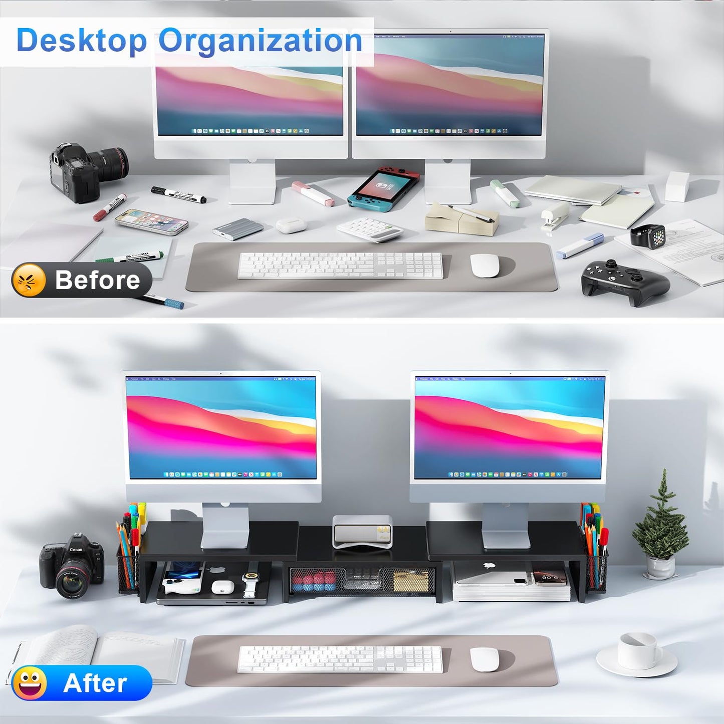 gianotter Dual Monitor Stand Riser, Desk Organizer With Drawer and 2 Pen Holders, Computer Monitor Stand, Desk Shelf for Top of Desk, Balck