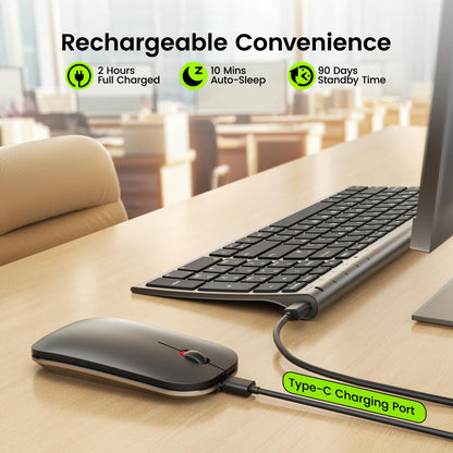 seenda WGJP-031B Wireless Keyboard Mouse Set, Ultra Thin Compact Rechargeable Aluminum Silent Computer Keyboard & Mouse Combo UK QWERTY Layout for Office, Home, Business, Black and Space Gray
