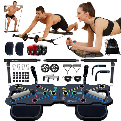 HOTWAVE Portable Workout Equipment with 20 Gym Accessories.Push Up Board &Plank Trainer,Resistance Bands with Ab Wheel,Exercise at Home For Men and Women