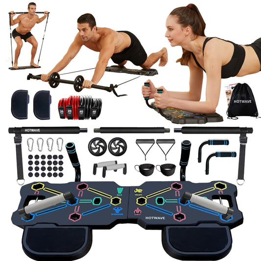 HOTWAVE Portable Workout Equipment with 20 Gym Accessories.Push Up Board &Plank Trainer,Resistance Bands with Ab Wheel,Exercise at Home For Men and Women