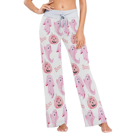 Fisyme Halloween Ghosts Pink Pajama Pants for Women Soft Comfy Pjs Bottoms Drawstring Wide Leg Jogger Lounge Sweat Pants Sleepwear, M