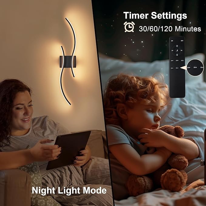 Battery Operated Wall Sconces Set of Two with Remote Control, Stepless Colors 3000K-6000K & Dimming, LED Black Wireless Wall Light for Living Room, Hallway, Bedroom, 31.5 Inch (2 Pack)