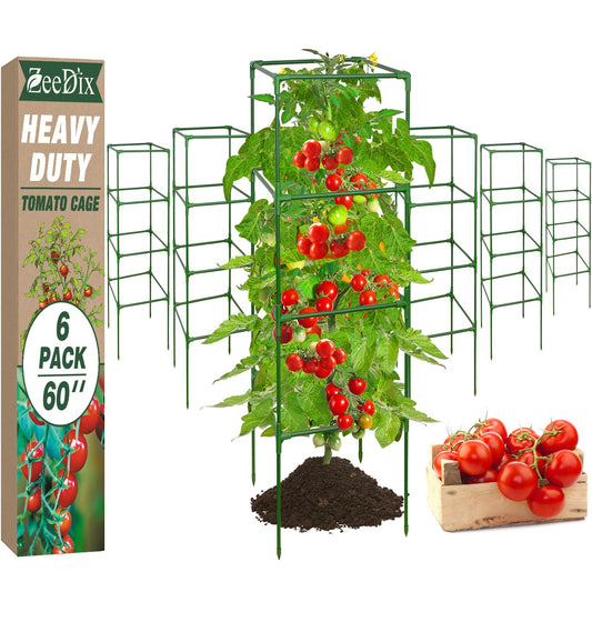 ZeeDix 6 Pack Heavy Duty Tomato Cages for Garden 60 Inches, Square Adjustable Tomato Trellis Cage Climbing Plant Support Trellis Plant Cages for Climbing Vegetables Flowers with 40Pcs Clips