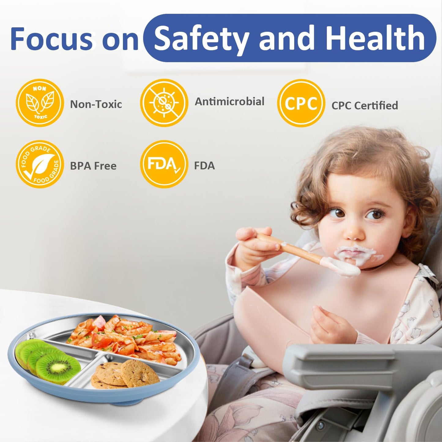 Bakpoco Stainless Steel Toddler Plate with Suction, 9” Divided Plates with Removable Silicone Sleeves for Kids, Non Toxic & BPA Free | Non Slip | Unbreakable Baby Snack Dishes Set of 2, Blue & Gray