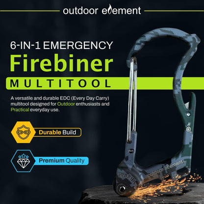 Firebiner 6-in-1 Fire-Starting Carabiner EDC Emergency Multitool -Keychain,Utility Blade,Bottle Opener,& More-Camo Gray