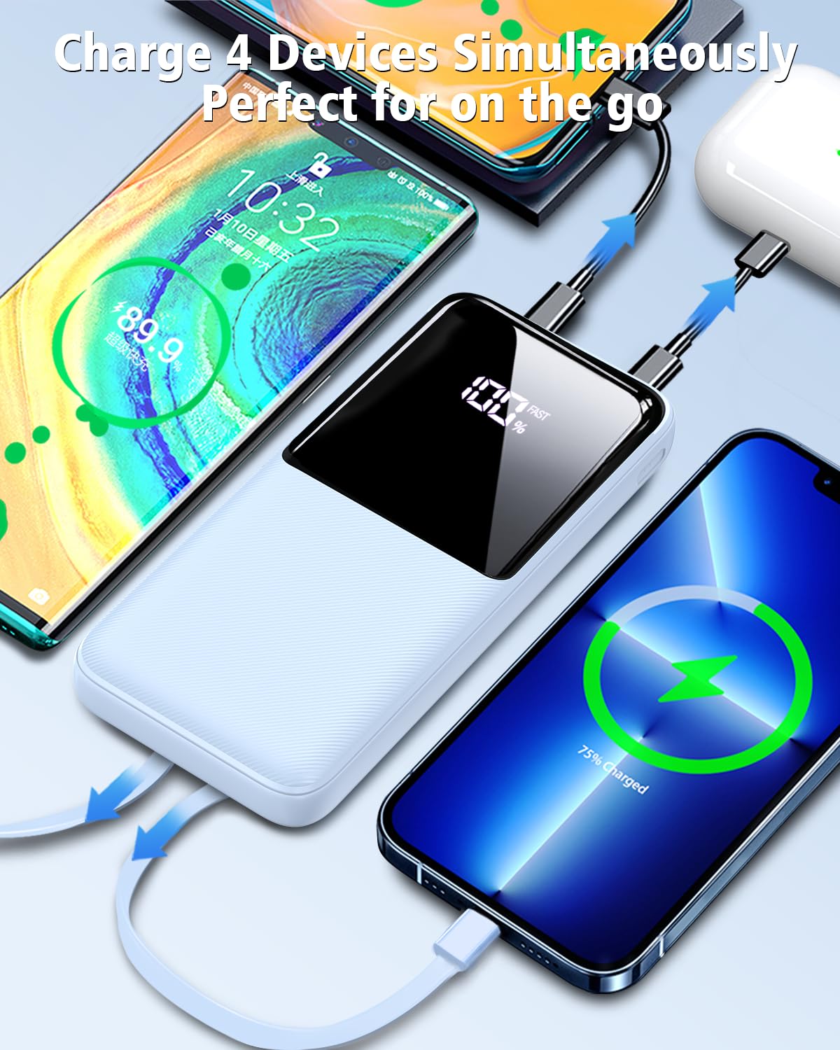 Portable Charger Power Bank - 15000mAh Fast Charging Powerbank Travel Camping Essential Battery Pack with Built in 22.5W Output Cable Compatible with iPhone 17 16 15 14 13 Samsung Google iPad, 1 Pack