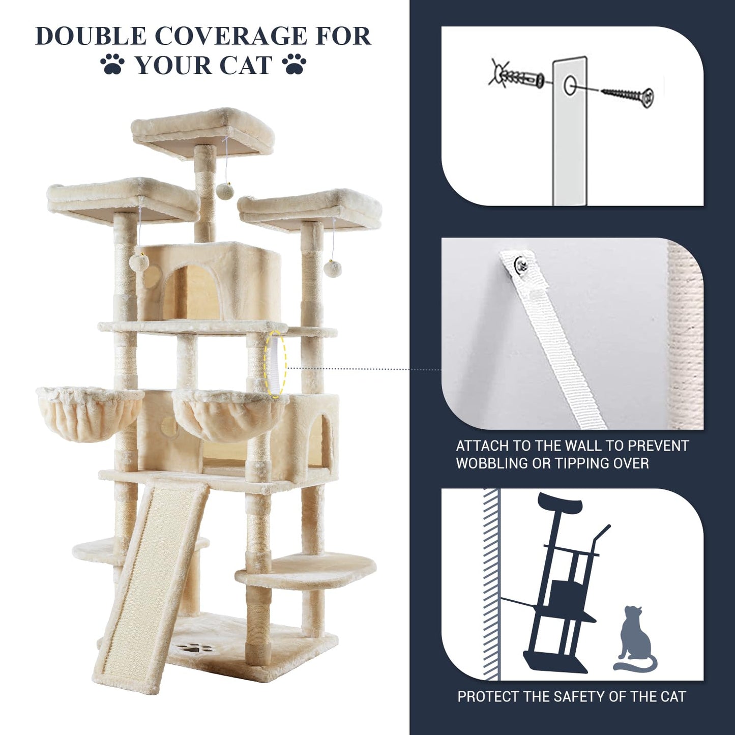 Allewie 68 Inches Cat Tree/House and Towers for Big Feline/Scratching Post/Multi-Level Large Kitty Climbing Tree with Condo/Beige