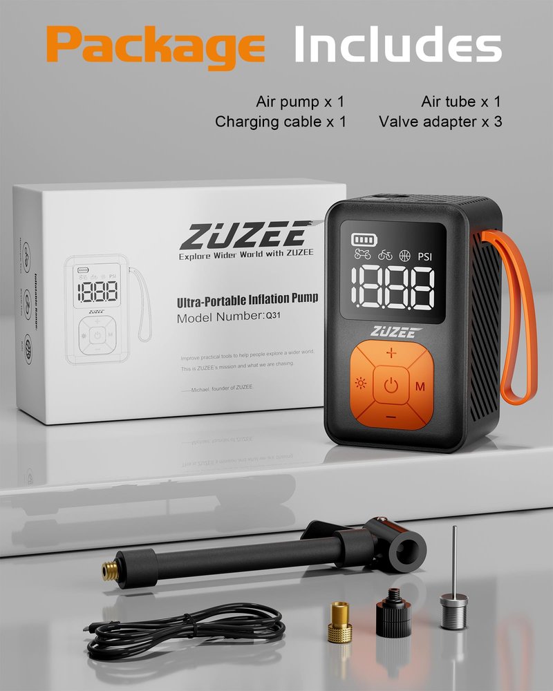 ZUZEE Mini Bike Pump, 150 PSI Portable Bicycle Pump with Gauge, 3X Faster & Auto Stop & Brushless Motor, Electric Bike Tire Pump with Presta and Schrader Valve for Road Bike, MTB, Motorcycle, Ball,etc