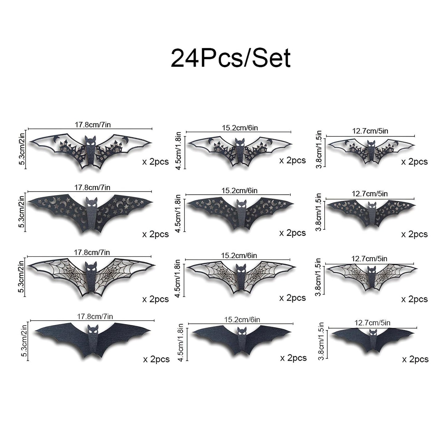 24Pcs Large Halloween Bats Decorations - 3D Self-Adhesive PVC Scary Wall Decor, Hollow Out Waterproof Black Stickers for Indoor Party Supplies, Door and Room Decals