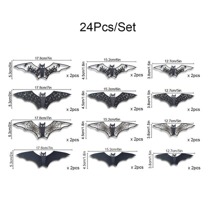 24Pcs Large Halloween Bats Decorations - 3D Self-Adhesive PVC Scary Wall Decor, Hollow Out Waterproof Black Stickers for Indoor Party Supplies, Door and Room Decals