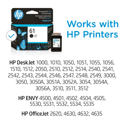 HP 61 Black Ink Cartridge | Works with Printer Series: DeskJet 1000, 1010, 1050, 1510, 2050, 2510, 2540, 3000, 3050, 3510; ENVY 4500, 5530; OfficeJet 2620, 4630 | Eligible for Instant Ink | CH561WN