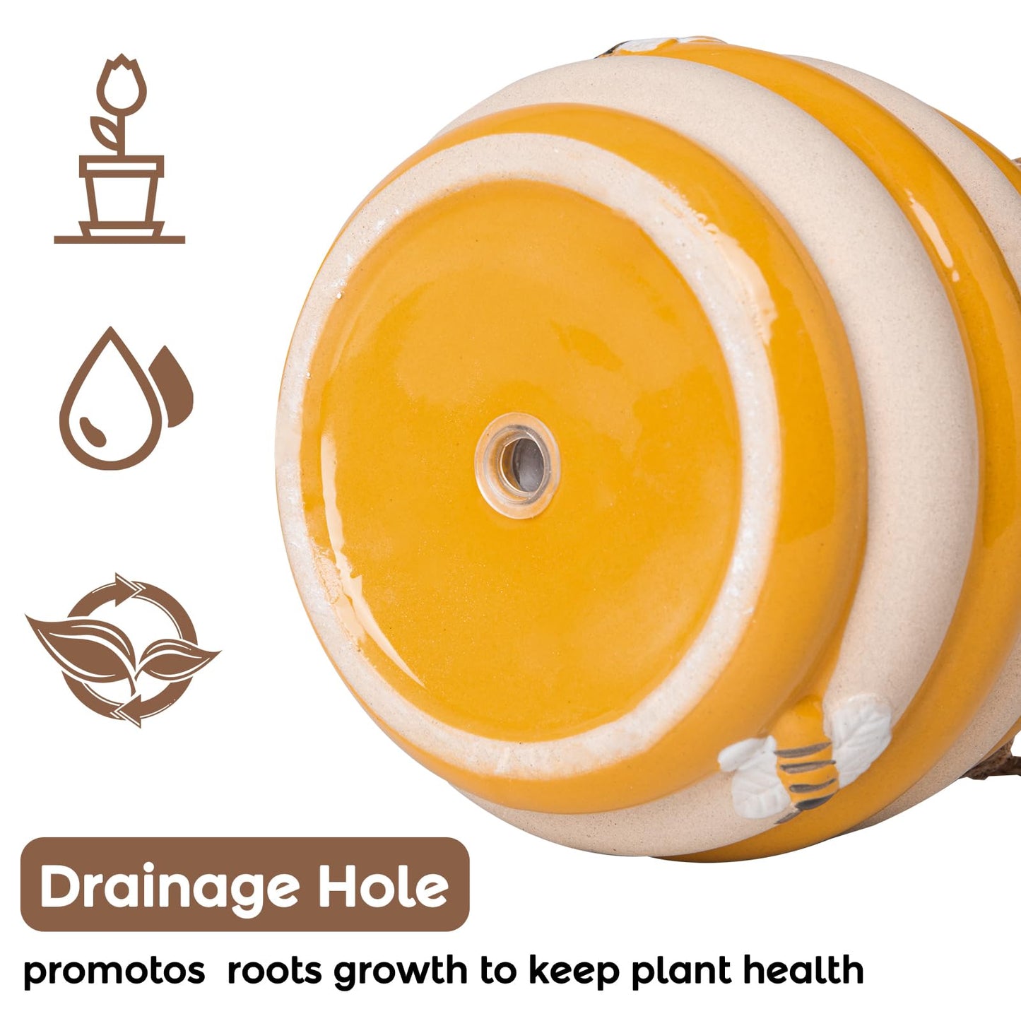 Chonsun Hanging Ceramic Planter 5 Inch Cute Bee Plant Pots Indoor Outdoor Yellow Planter Flower Pot Succulent Plant Pot Ceramic Mid-Century