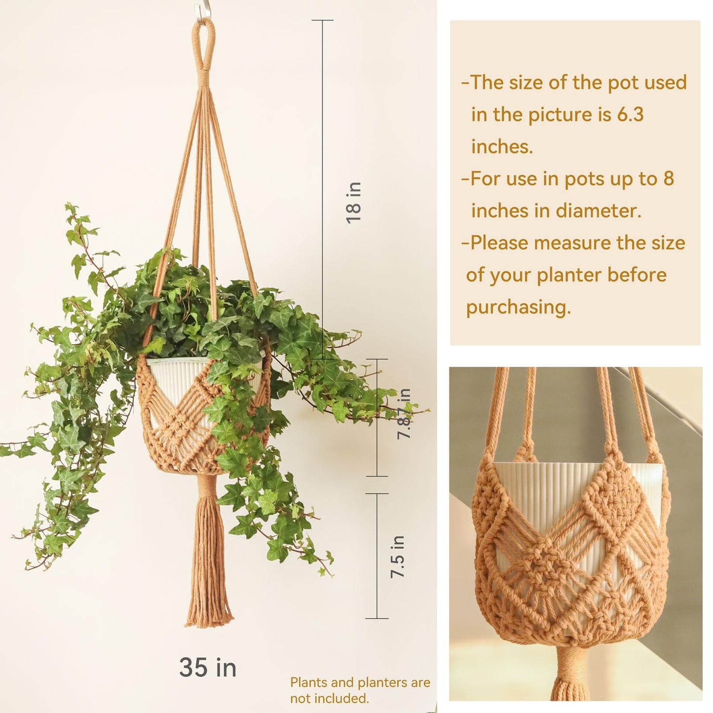 Hanging Planter with Patterns,2Packs Macrame Plant Hangers Indoor Macrame for up to 8 inch Pot Crochet Boho Plant Hanger Holder for Indoor Outdoor with 2S Shaped Stainless Steel Hooks (Caramel)