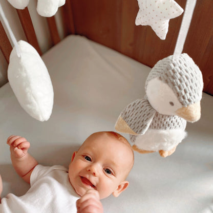 Nuby Penguin Musical Cot Mobile for Babies – Spinning Baby Mobile with Adjustable Arm to Fit Most Cots | Calming Lullabies | Plush Toys