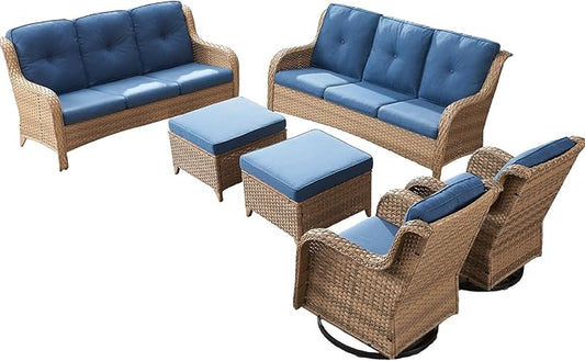 Rilyson Patio Furniture Swivel Chairs Set - 6 PC Wicker Rattan Outdoor Sectional Conversation Sets with 2 Rocking Chair,2 Ottoman and 2 Sofa for Porch Deck Garden(Yellow/Blue)