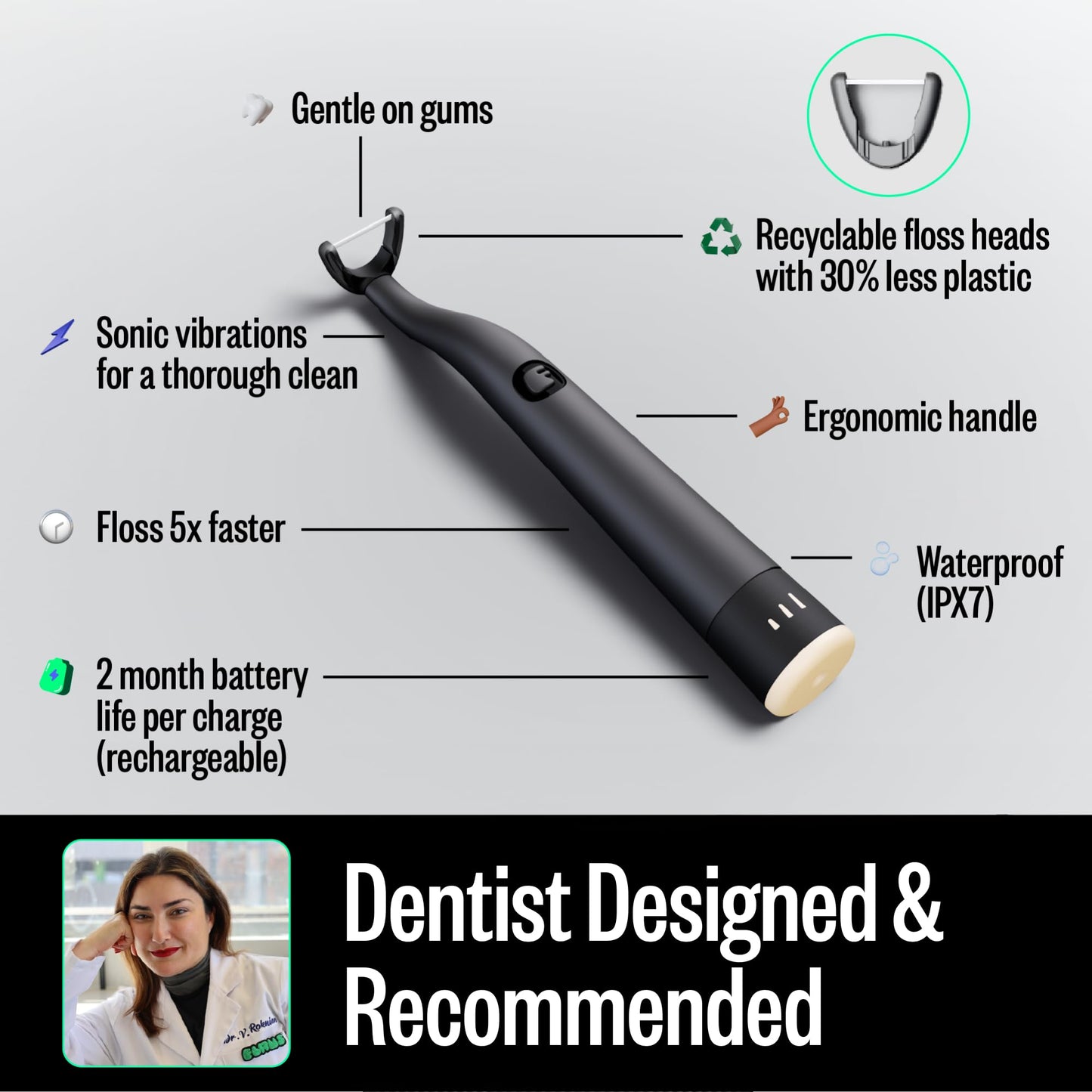 FLAUS Electric Flosser (Shark Tank) 3 Speeds + 45 Refill Heads w/Extra Strong Woven Floss, Increased Durability - Water Flosser Alternative, Dentist Recommended Tooth Flossers, Eco Dental Floss Picks