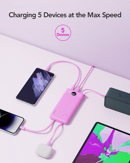 VRURC Portable Charger with Built in Cables, Slim Power Bank 10000mAh, USB C Battery Pack Travel Essential, 5 Outputs 2 Inputs Phone Charging Bank for iPhone 16 15 14 13,Samsung,Android-Black(1 Pack)