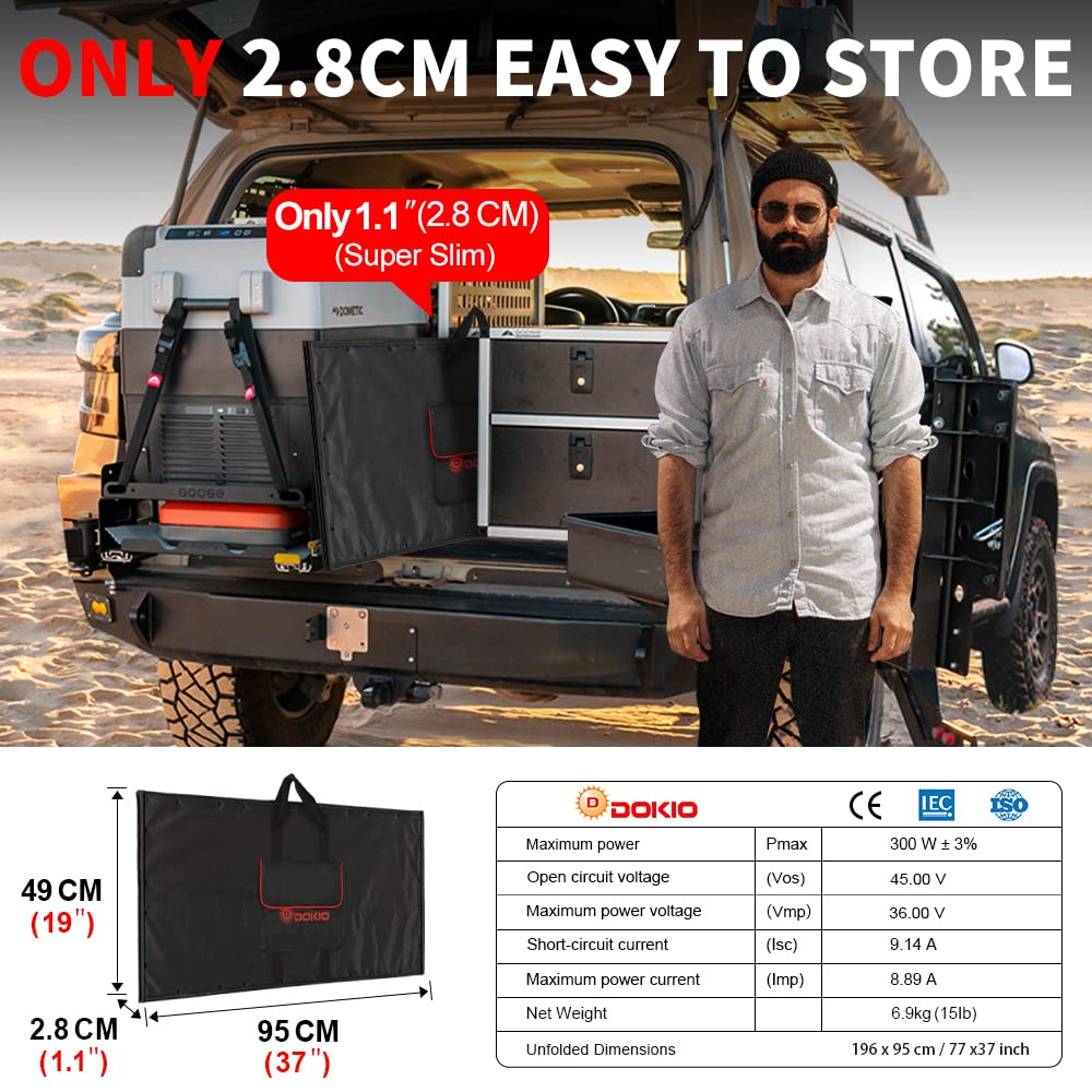 DOKIO 300W 36V Black Portable Solar Panels Kit Folding Solar Charger for 24v Batteries/Power Station AGM LiFePo4 RV Camping Trailer Car Marine………