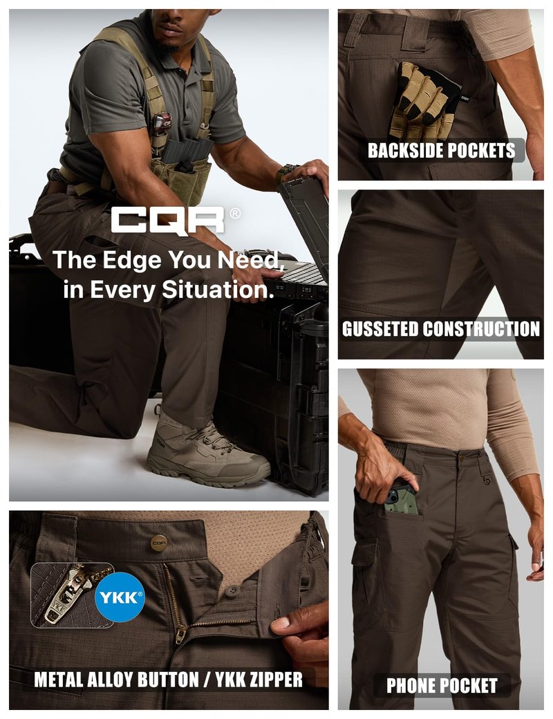 CQR Men's Tactical Pants, Water Resistant Ripstop Cargo Pants, Lightweight EDC Work Hiking Pants, Outdoor Apparel, Raider Mag Pocket Dark Brown, 36W x 32L