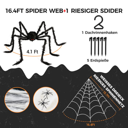 BOSONER Halloween Decorations Outdoor Spider Webs: 1Pcs Giant Spiders - 200'' Triangular Web with Hook - Stretch Web and Ground Stakes for Large Halloween Decor and Haunted House Decoration