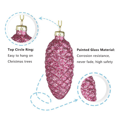 Set of 12 Pine Cone Glass Ornaments for Christmas Tree Decor, Pink Glass Pine Cone Hanging Painted Pine Cone Glass Ornaments for Christmas Tree Decor, Wedding Event Supplies