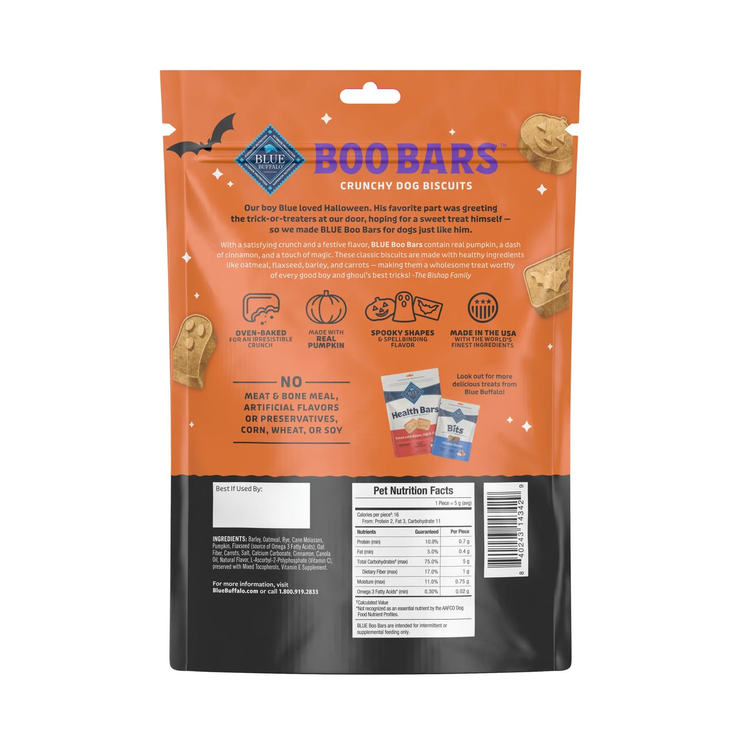 Blue Buffalo Boo Bars Crunchy Dog Biscuits, Natural Halloween-Shaped Treats, Pumpkin & Cinnamon Recipe, 11-oz Bag