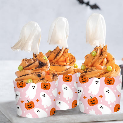 JarThenaAMCS 100Pcs Halloween Paper Baking Cups Pumpkin Ghost Cupcake Wrappers Orange Pink White Scalloped Edge Cupcake Muffin Cases for Halloween Dessert Decoration