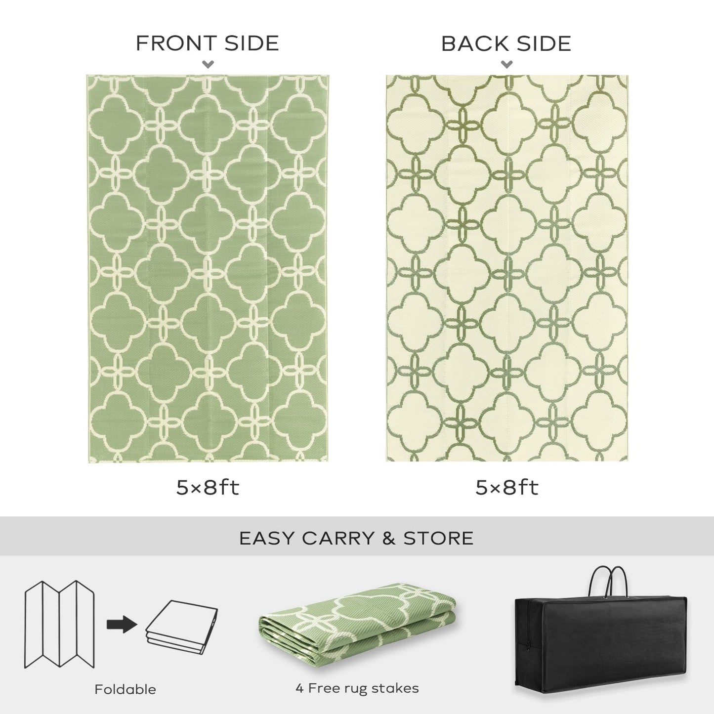 Ashler Outdoor Rug, Outdoor Plastic Straw Rug, 5x8 Reversible Sage Green Patio Mat, Flower Modern Design for RV, Backyard, Deck, Camping, Picnic, Spring, Summer, Durable & Weather-Resistant Area Rug