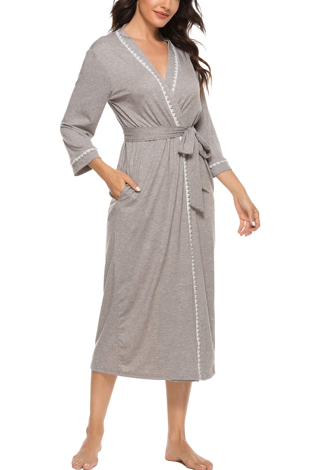 Vlazom Womens Dressing Gown Soft Kimono Robe V-Neck Long Knit Bathrobe Nightwear Sleepwear for All Seasons, Grey, XL