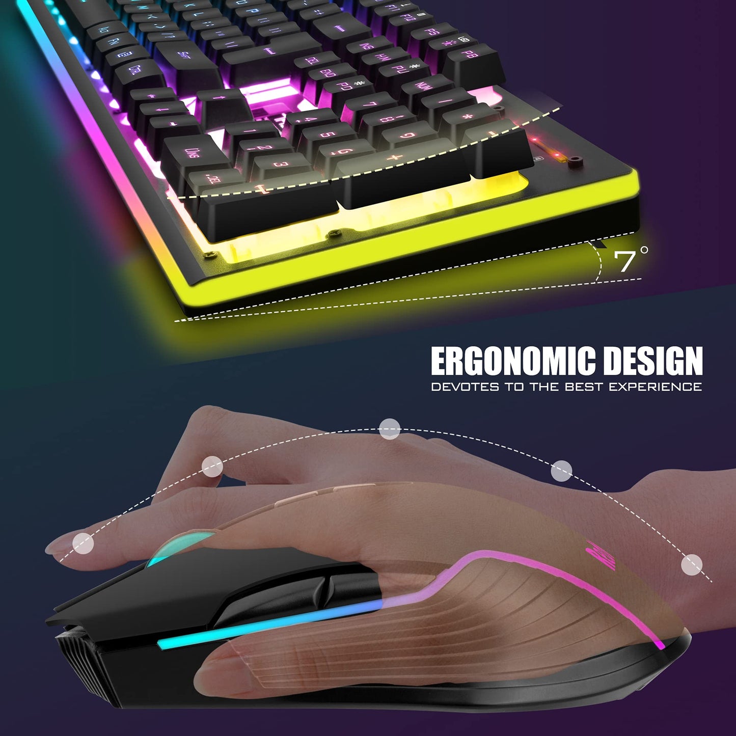 RedThunder K10 Wireless Gaming Keyboard and Mouse Combo, LED Backlit Rechargeable 3800mAh Battery, UK Layout Mechanical Feel Keyboard + 7D 3200DPI Mice for PC Gamer (Black)