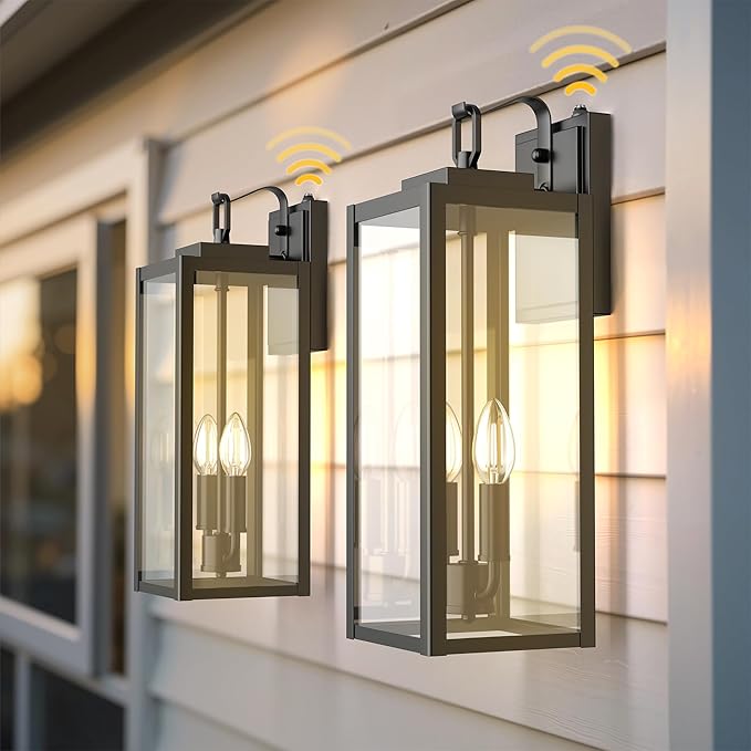 L LOHAS LED 18 Inch Dusk to Dawn Outdoor Wall Lights, 2-Light Black Outdoor Wall Sconce Lantern with Clear Glass Shade, Tall Transitional Exterior Light Fixtures for Porch, Garage, ETL Listed, 2 Pack