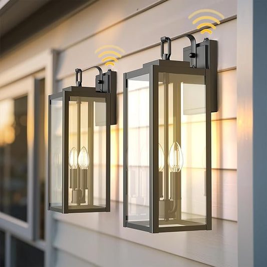 L LOHAS LED 18 Inch Dusk to Dawn Outdoor Wall Lights, 2-Light Black Outdoor Wall Sconce Lantern with Clear Glass Shade, Tall Transitional Exterior Light Fixtures for Porch, Garage, ETL Listed, 2 Pack
