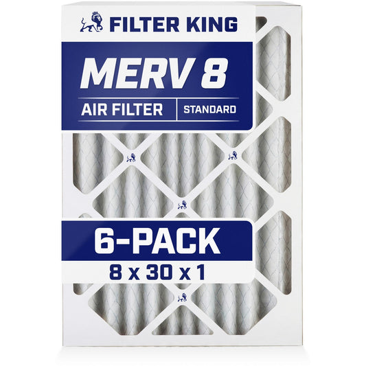 Filter King 8x30x1 Air Filter (MERV 8) (6-Pack) Dust & Allergy Control AC Furnace Filters, MADE IN USA, HVAC, Pleated, Electrostatic (Actual Size: 7.5 x 29.5 x .75)