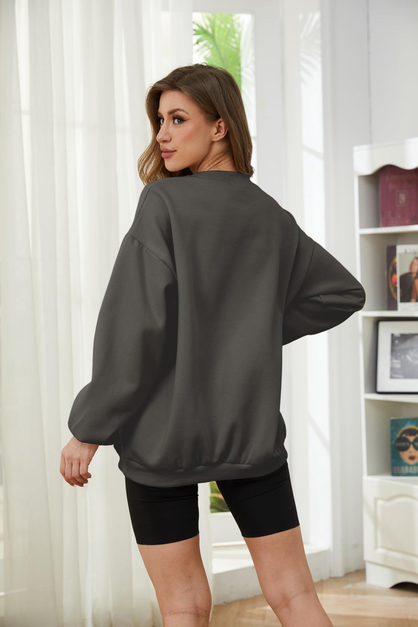 Meladyan womens Halloween Skull Graphic Print Fleece Oversized Sweatshirt Crewneck Long Sleeve Drop Shoulder Pullover, Dark Grey, X-Large