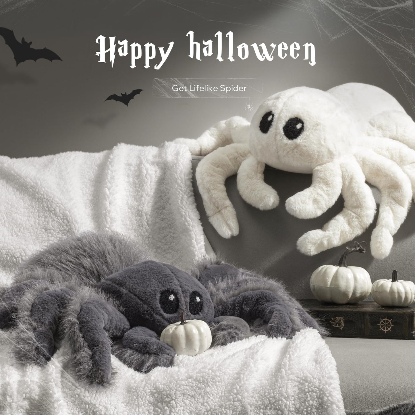 Phantoscope Happy Halloween Spider Shaped Throw Pillow, Faux Fur Fluffy Tarantula Shaped Halloween Cushion Pillow, Deep Gray, 9.5 x 16 inch