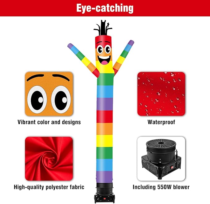 10FT Tall Inflatable Tube Man Rainbow Wacky Wavy Dancing Guy with 3/4 HP Weather-Resistant Blower (12''Diameter) for Outdoor Decoration Advertising Business Promotion