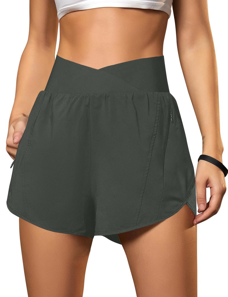 Blooming Jelly Women's Workout Shorts Athletic Running Casual Summer Quick Dry Gym Active Shorts with Zipper Pocket (Dark Green,Large)