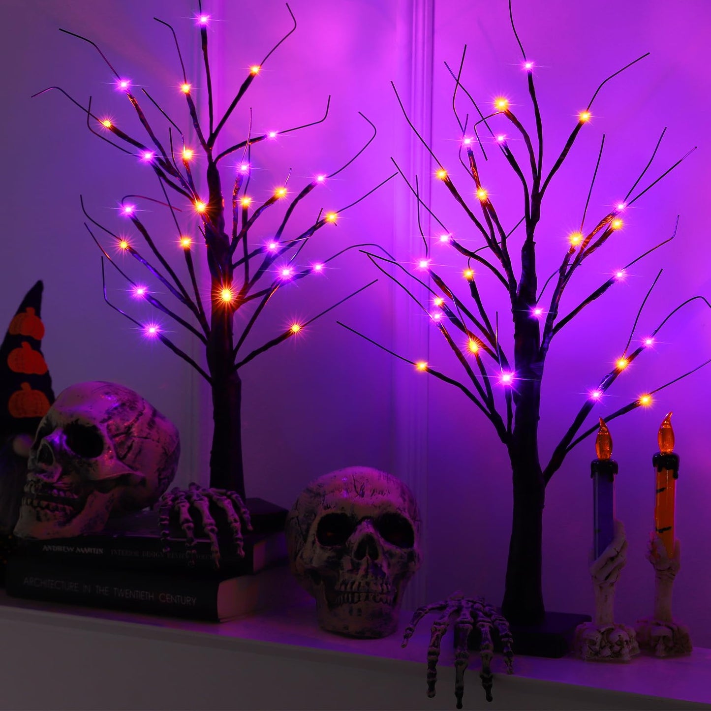 Efunly 2 Pack 24 Inch Halloween Black Spooky Tree with Orange & Purple Lights, USB&Battery Operated Tabletop Halloween Black Tree with Timer for Indoor Home Holiday Party Decorations