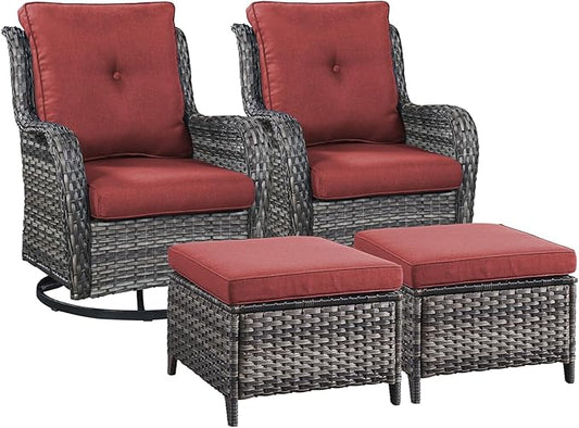 Rilyson Wicker Patio Furniture Set - 4 Piece Rattan Outdoor Sectional Conversation Sets with 2 Swivel Rocking Chairs,2 Ottomans for Porch Deck Garden(Mixed Grey/Red)