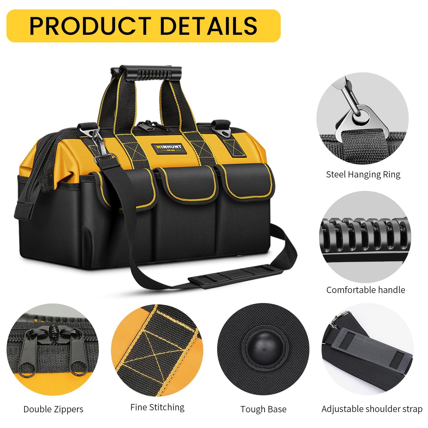 WINHUNT Heavy Duty Tool Bag with Adjustable Shoulder Strap, Waterproof Wide Open Mouth Tools Storage Organiser, 15 Inch, Yellow
